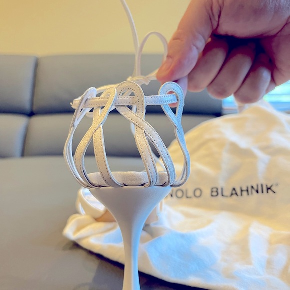 Manolo Blahnik ESPINASA Strappy Sandals Leather White Heels Shoes, 39/9B - Picture 9 of 12